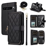 Furiet Argyle Wallet Case for Google Pixel 9/9 Pro 5G with Wrist/Shoulder Strap Card Slots Zipper Purse Luxury PU Leather Card Holder Stand Checkered Cell Phone
