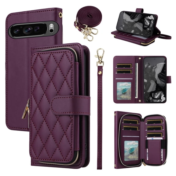 Furiet Argyle Wallet Case for Google Pixel 9/9 Pro 5G with Wrist/Shoulder Strap Card Slots Zipper Purse Luxury PU Leather Card Holder Stand Checkered Cell Phone Cover for Pixel9 9Pro Nine Deep Purple