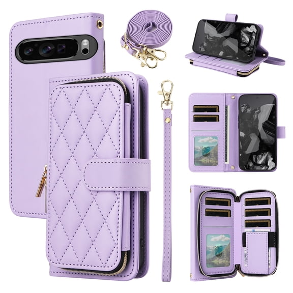 Furiet Argyle Wallet Case for Google Pixel 9/9 Pro 5G with Wrist/Shoulder Strap Card Slots Zipper Purse Luxury PU Leather Card Holder Stand Checkered Cell Phone Cover for Pixel9 9Pro Nine Purple