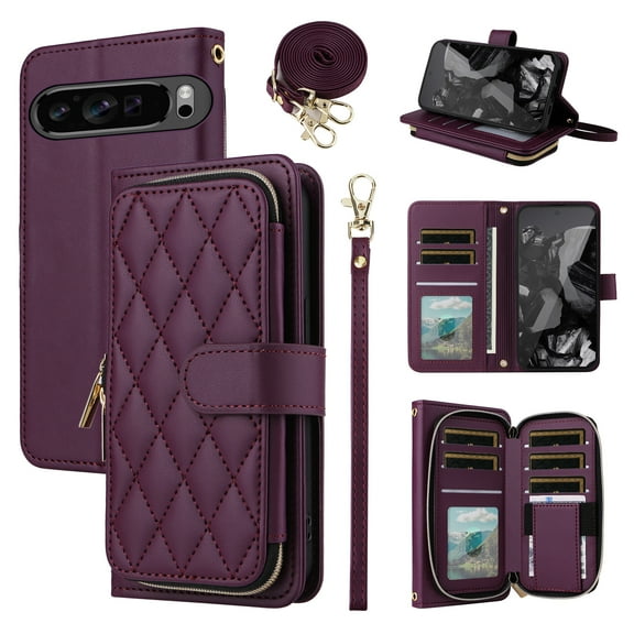 Furiet Argyle Wallet Case for Google Pixel 9 Pro XL with Wrist/Shoulder Strap, Card Slot Zipper Purse Luxury PU Leather Card Holder Stand Checkered Phone Cover for Pixel9 9Pro 9ProXL Nine Deep Purple