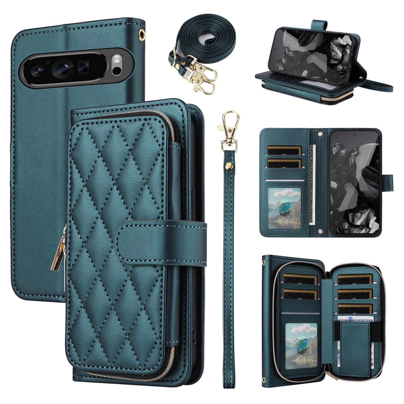 Furiet Argyle Wallet Case for Google Pixel 9 Pro XL with Wrist/Shoulder Strap, Card Slot Zipper Purse Luxury PU Leather Card Holder Stand Checkered Phone Cover for Pixel9 9Pro 9ProXL Nine Green