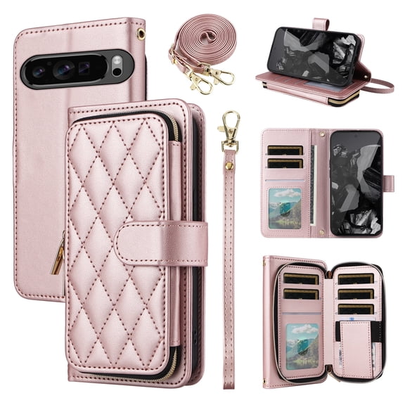 Furiet Argyle Wallet Case for Google Pixel 9 Pro XL with Wrist/Shoulder Strap, Card Slot Zipper Purse Luxury PU Leather Card Holder Stand Checkered Phone Cover for Pixel9 9Pro 9ProXL Nine Rose Gold