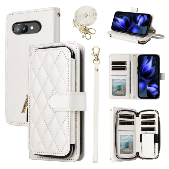 Furiet Argyle Wallet Case for Google Pixel 9A with Wrist/Shoulder Strap Card Slot Zipper Purse Luxury PU Leather Card Holder Stand Checkered Cell Phone Cover for Pixel9A A9 5G Women Girls White