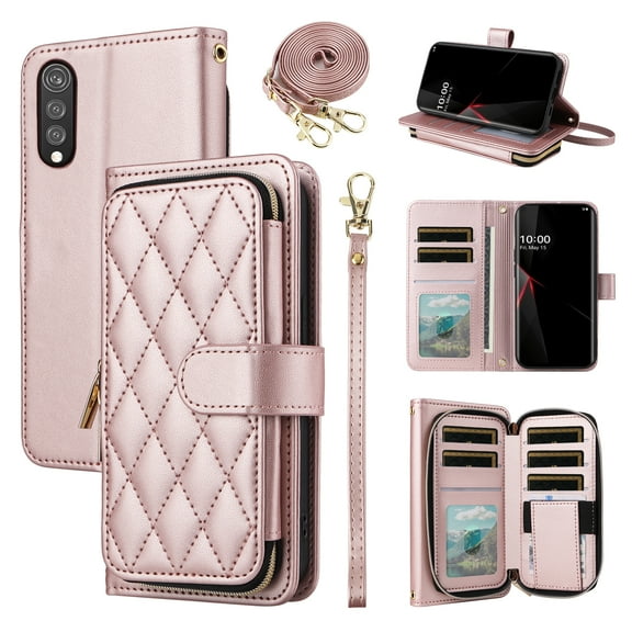 Furiet Argyle Wallet Case for LG Velvet 5G/LGVelvet Verizon G5 UW T-mobile 2020 with Wrist/Shoulder Strap Card Slots Zipper Purse Card Holder Stand Phone Cover for LM G900UM 4G Tmobile Rose Gold