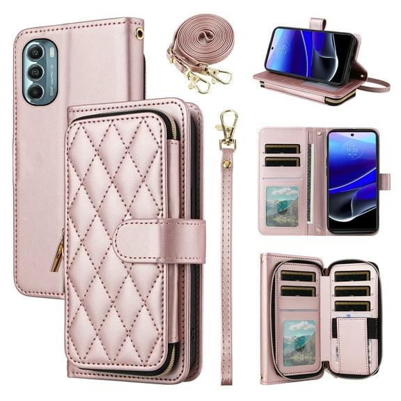 Furiet Argyle Wallet Case for Moto G Stylus 2022 4G with Wrist/Shoulder Strap Slot Zipper Purse Luxury PU Leather Card Holder Stand Phone Cover for Motorola GStylus XT2211DL XT2211 Women Rose Gold