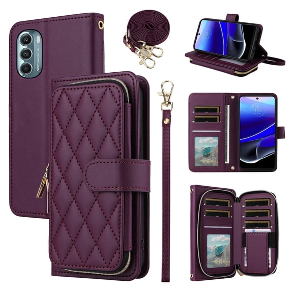 Furiet Argyle Wallet Case for Moto G Stylus 2022 4G with Wrist/Shoulder Strap Slot Zipper Purse Luxury PU Leather Card Holder Stand Phone Cover for Motorola GStylus XT2211DL XT2211 Women Deep Purple