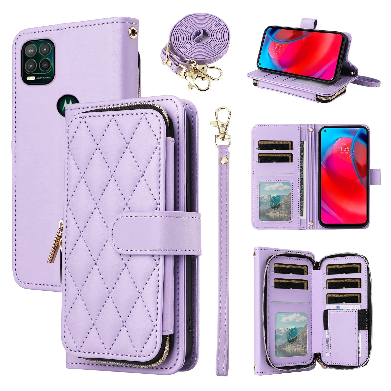 Furiet Argyle Wallet Case for Moto G Stylus 5G 2021 with Wrist/Shoulder Strap Zipper Purse, Luxury PU Leather Card Holder Slots Stand Phone Cover for Motorola GStylus G5 XT2131DL Women Purple