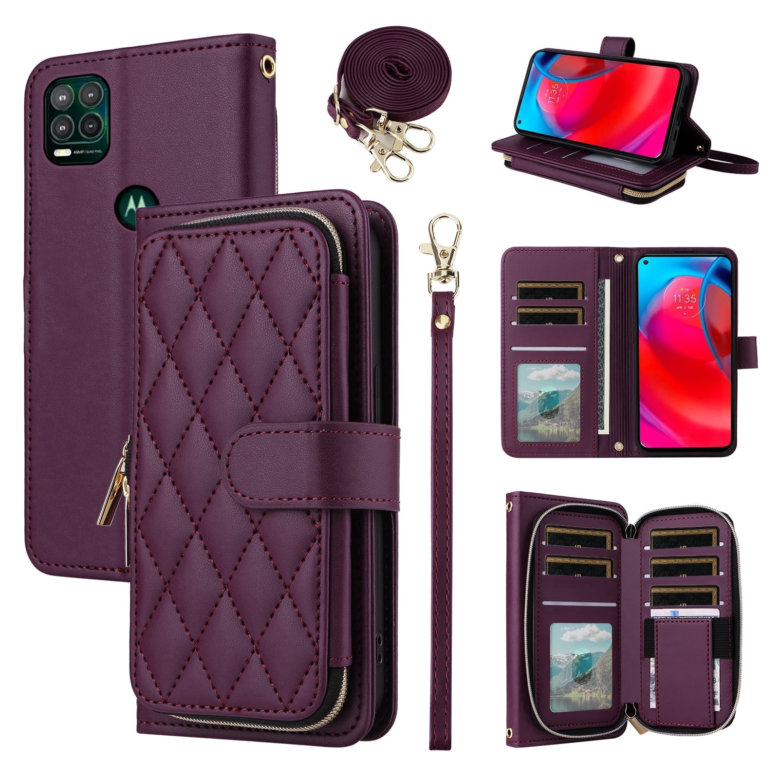 Furiet Argyle Wallet Case for Moto G Stylus 5G 2021 with Wrist/Shoulder Strap Zipper Purse, Luxury PU Leather Card Holder Slots Stand Phone Cover for Motorola GStylus G5 XT2131DL Women Deep Purple