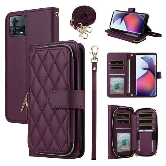 Furiet Argyle Wallet Case for Motorola Edge 30 Fusion/Moto S30 Pro 5G with Wrist/Shoulder Strap Zipper Purse, Luxury PU Leather Card Holder Slots Stand Phone Cover for 2022 Women Girls Deep Purple
