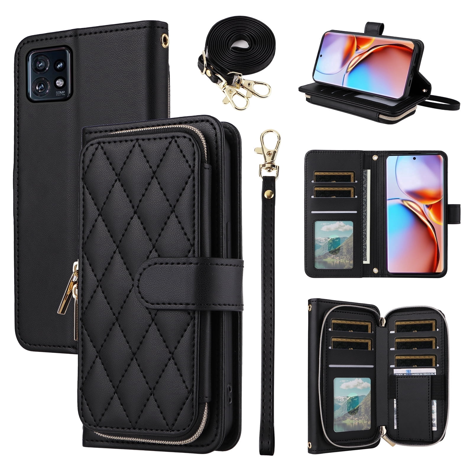 Furiet Argyle Wallet Case for Motorola Edge+ Plus 2023/Edge 40 Pro 5G/Moto X40 with Wrist/Shoulder Strap Slots Zipper Purse, Luxury PU Leather Card Holder Stand Cell Phone Cover for X + Black