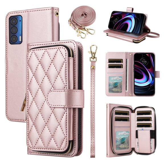 Furiet Argyle Wallet Case for Motorola Moto Edge 2021/MotoEdge 5G UW 2021 with Wrist/Shoulder Strap, Card Slots Zipper Purse Luxury PU Leather Stand Phone Cover for XT2141-1 Women Girls Rose Gold