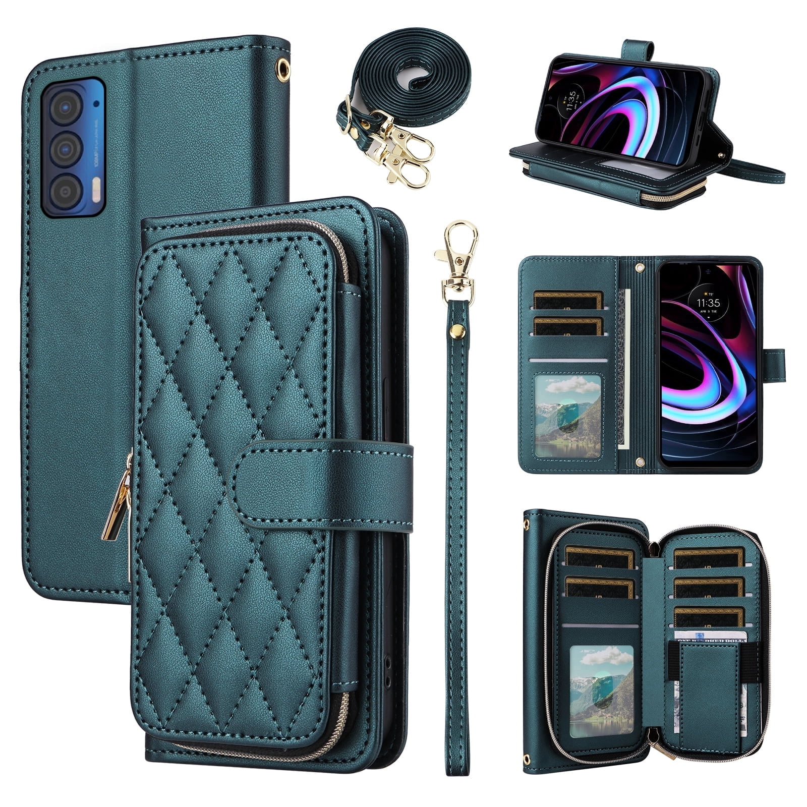 Furiet Argyle Wallet Case for Motorola Moto Edge 2021/MotoEdge 5G UW 2021 with Wrist/Shoulder Strap, Card Slots Zipper Purse Luxury PU Leather Stand Phone Cover for XT2141-1 Women Girls Green