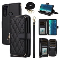 Furiet Argyle Wallet Case for Motorola Moto Edge 5G 2020 with Wrist Strap Shoulder Strap, Card Slots Zipper Purse Luxury PU Leather Stand Checkered Phone Cover for MotoEdge G5 Women Girls Black