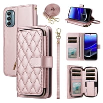 Furiet Argyle Wallet Case for Motorola Moto G 5G 2022 with Wrist/Shoulder Strap Card Slot Zipper Purse Luxury PU Leather Card Holder Stand Phone Cover for MotoG G5G 2022 XT2213-3 XT2213-2 Rose Gold