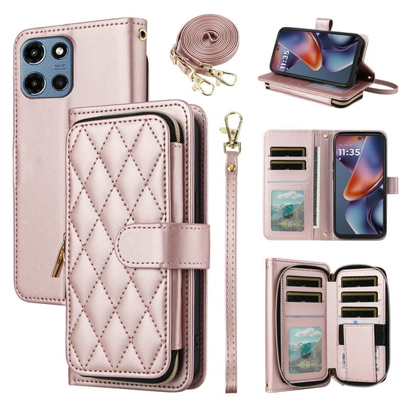 Furiet Argyle Wallet Case for Motorola Moto G 5G 2025 with Wrist/Shoulder Strap, Card Slots Zipper Purse Luxury PU Leather Card Holder Stand Cell Phone Cover for G5G 5 G G5 Women Girls Rose Gold