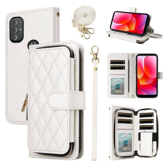 Furiet Argyle Wallet Case for Motorola Moto G Power 2022/MotoG Play 2023/G Pure 2021 with Wrist/Shoulder Strap Zipper Purse Slots Stand Phone Cover for XT2165DL XT2163DL XT2165-5 XT2271-5 White