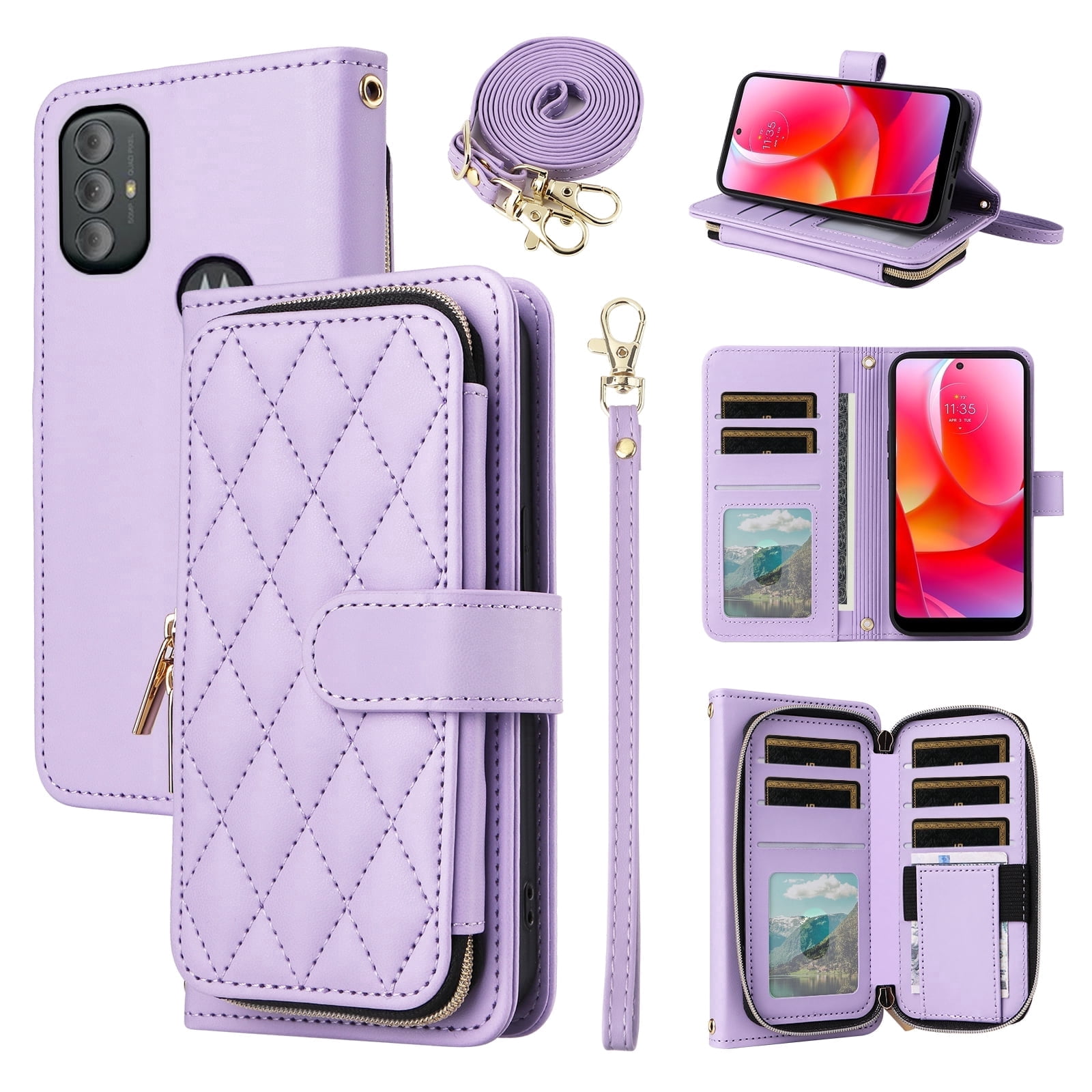 Furiet Argyle Wallet Case for Motorola Moto G Power 2022/MotoG Play 2023/G Pure 2021 with Wrist/Shoulder Strap Zipper Purse Slots Stand Phone Cover for XT2165DL XT2163DL XT2165-5 XT2271-5 Purple