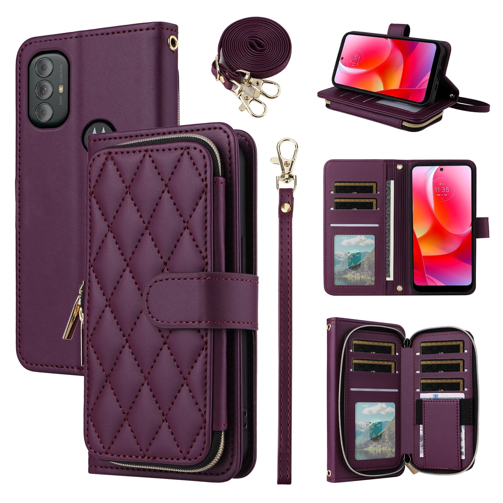 Furiet Argyle Wallet Case for Motorola Moto G Power 2022/MotoG Play 2023/G Pure 2021 with Wrist/Shoulder Strap Zipper Purse Slots Stand Phone Cover for XT2165DL XT2163DL XT2165-5 XT2271-5 Deep Purple