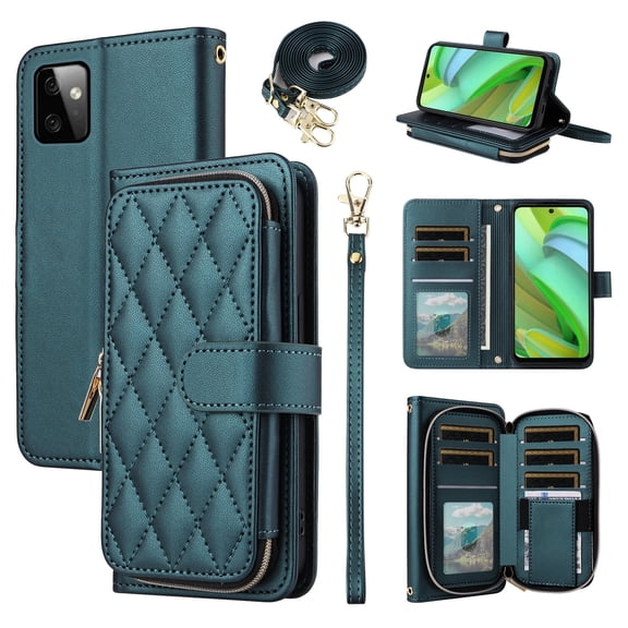 Furiet Argyle Wallet Case for Motorola Moto G Power 5G 2023 with Wrist/Shoulder Strap Slot Zipper Purse Luxury PU Leather Card Holder Stand Checkered Cell Phone Cover for GPower G5 Women Green