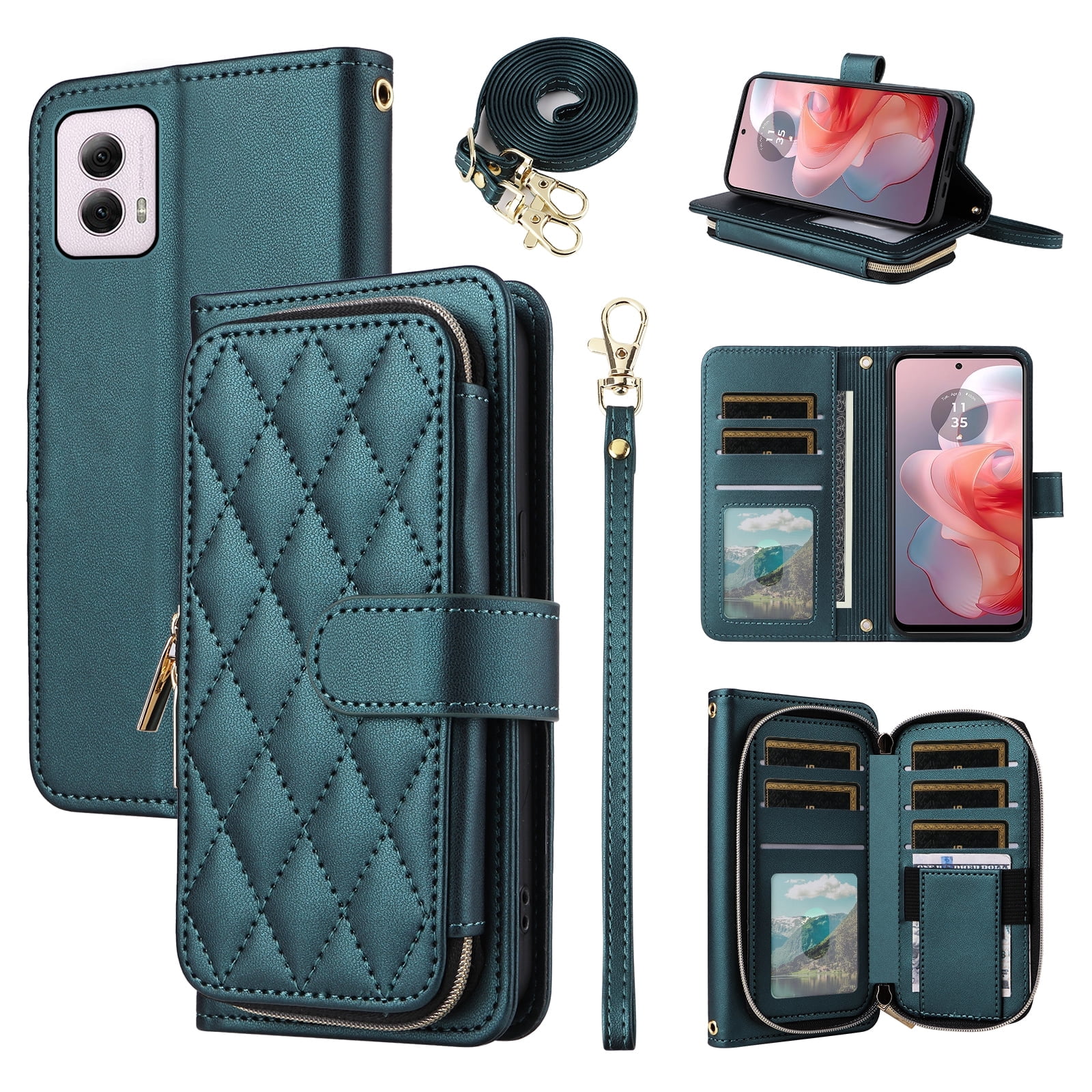 Furiet Argyle Wallet Case for Motorola Moto G Power 5G 2024 with Wrist Strap Shoulder Strap, Card Slot Zipper Purse Luxury PU Leather Stand Checkered Cell Phone Cover for G5 Women Girls Green