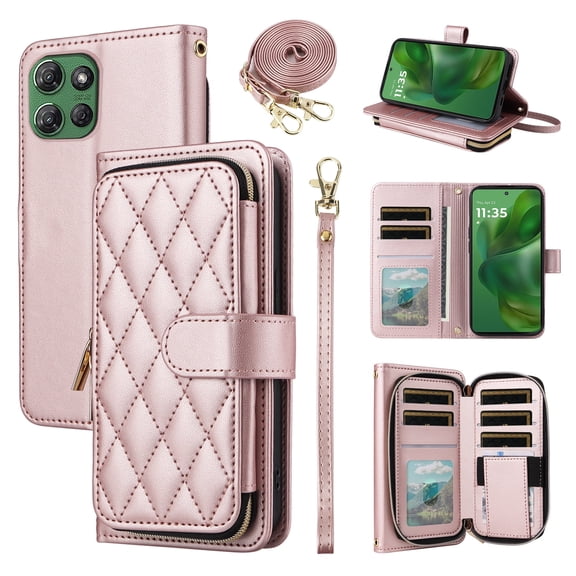 Furiet Argyle Wallet Case for Motorola Moto G Power 5G 2025 with Wrist/Shoulder Strap, Card Slots Zipper Purse Luxury PU Leather Stand Checkered Cell Phone Cover for XT2515-1 Women Girls Rose Gold