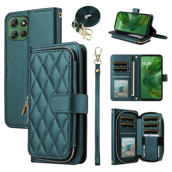 Furiet Argyle Wallet Case for Motorola Moto G Power 5G 2025 with Wrist/Shoulder Strap, Card Slots Zipper Purse Luxury PU Leather Stand Checkered Cell Phone Cover for XT2515-1 Women Girls Green