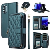 Furiet Argyle Wallet Case for Motorola Moto G Stylus 5G 2022 with Wrist/Shoulder Strap Slots Zipper Purse, Luxury PU Leather Card Holder Stand Phone Cover for XT2215-1 XT2215-4 XT2215DL Green