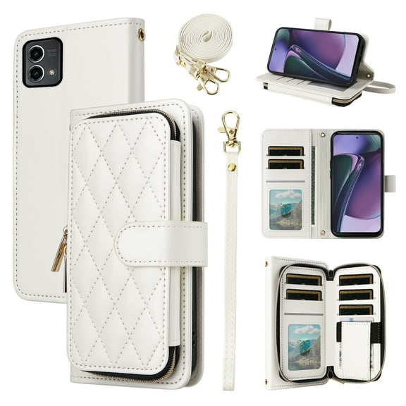 Furiet Argyle Wallet Case for Motorola Moto G Stylus 5G 2023 with Wrist/Shoulder Strap Card Slot Zipper Purse Luxury PU Leather Card Holder Stand Phone Cover for GStylus G5 XT2317DL Women White