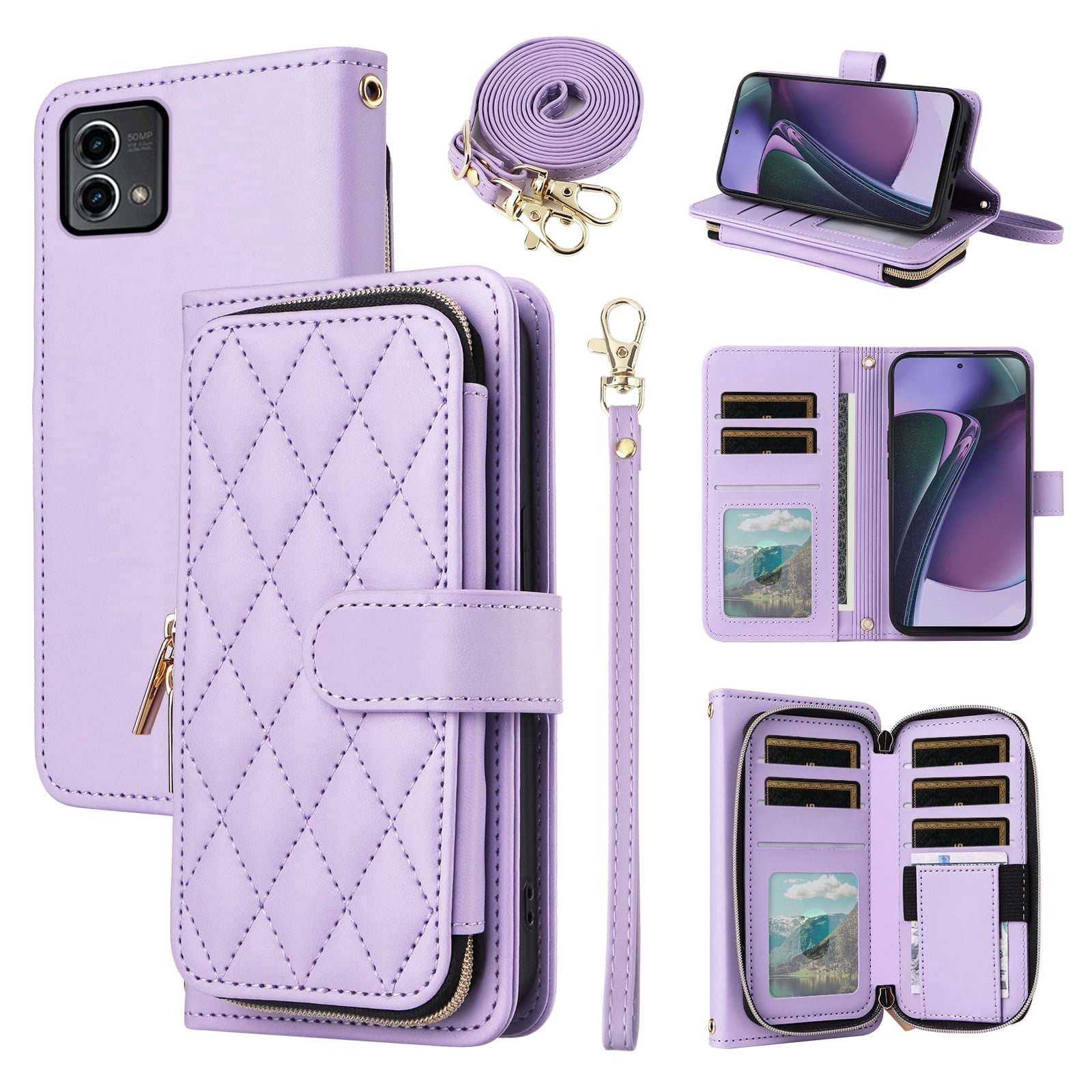 Furiet Argyle Wallet Case for Motorola Moto G Stylus 5G 2023 with Wrist/Shoulder Strap Card Slot Zipper Purse Luxury PU Leather Card Holder Stand Phone Cover for GStylus G5 XT2317DL Women Purple