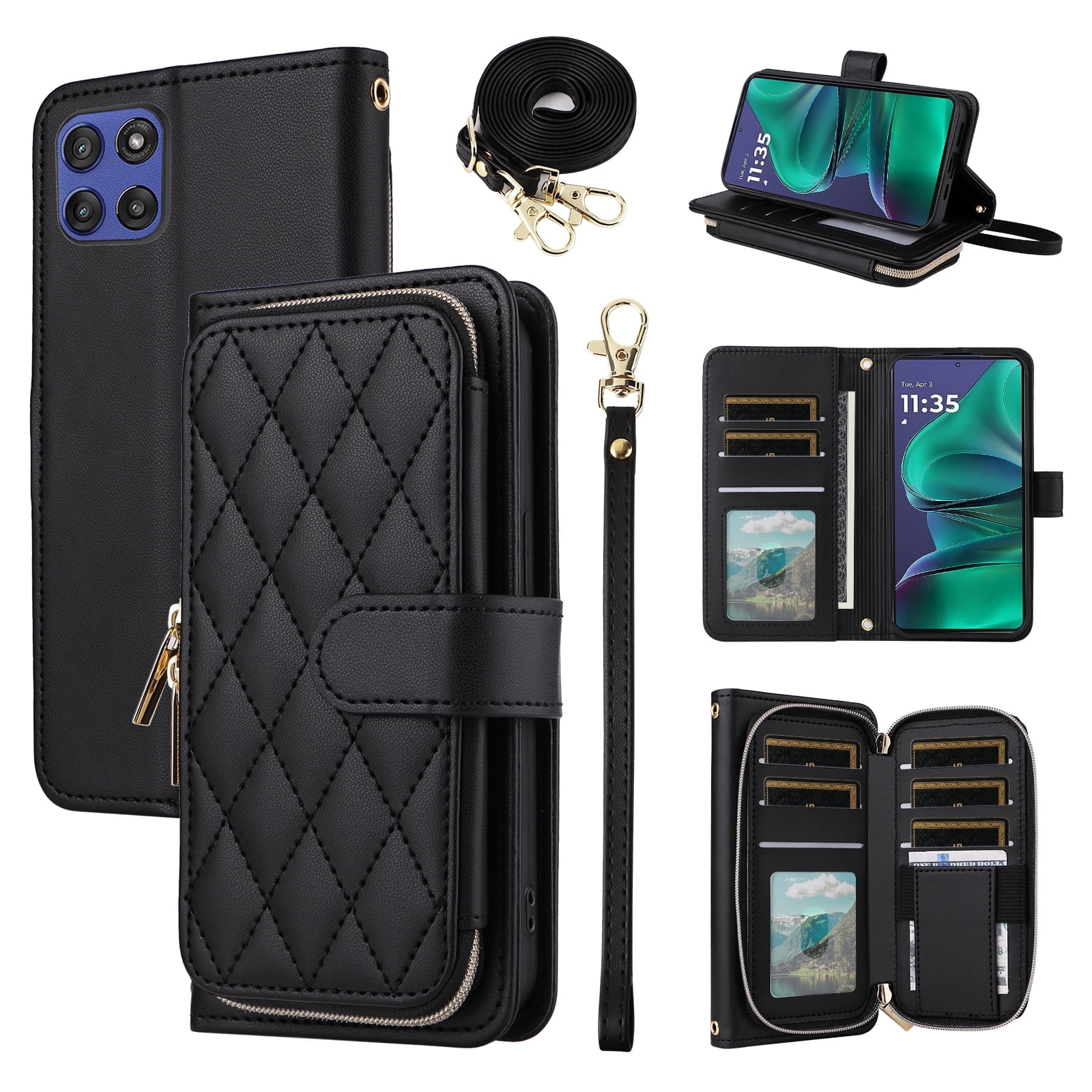 Furiet Argyle Wallet Case for Motorola Moto G Stylus 5G 2025 with Wrist/Shoulder Strap, Card Slots Zipper Purse Luxury PU Leather Card Holder Stand Checkered Cell Phone Cover for G5 Women Black