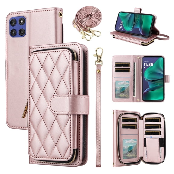 Furiet Argyle Wallet Case for Motorola Moto G Stylus 5G 2025 with Wrist/Shoulder Strap, Card Slots Zipper Purse Luxury PU Leather Card Holder Stand Checkered Cell Phone Cover for G5 Women Rose Gold