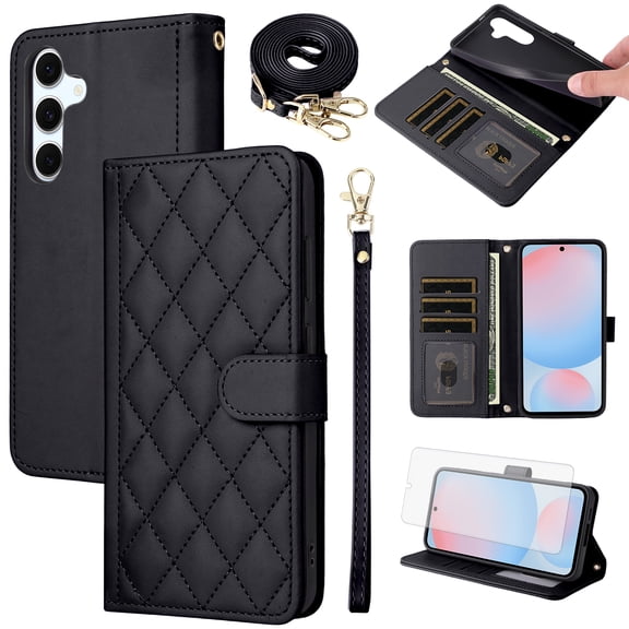 Furiet Argyle Wallet Case for Samsung Galaxy A15 5G/4G with Tempered Glass Screen Protector Wrist Strap Shoulder Strap, Card Slots Luxury PU Leather Stand Phone Cover for A 15 G5 15A Women Men Black