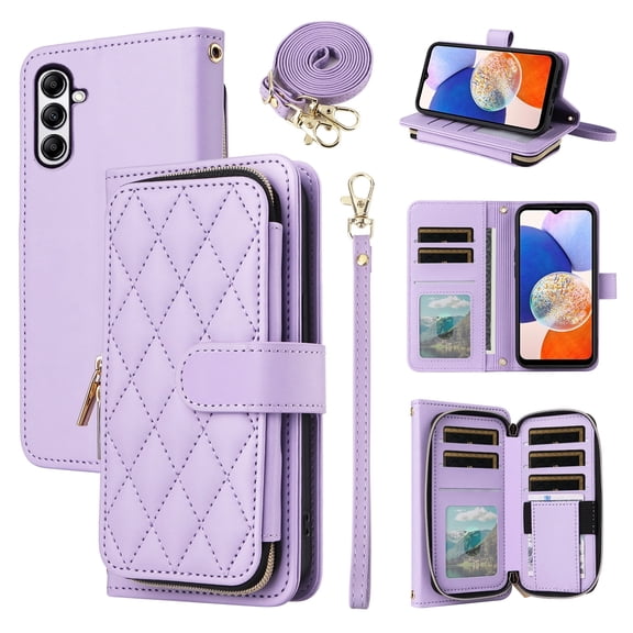 Furiet Argyle Wallet Case for Samsung Galaxy A16 5G/4G with Wrist Strap Shoulder Strap, 9+ Card Slots Zipper Purse Luxury PU Leather Stand Checkered Cell Phone Cover for A 16 Women Girls Purple