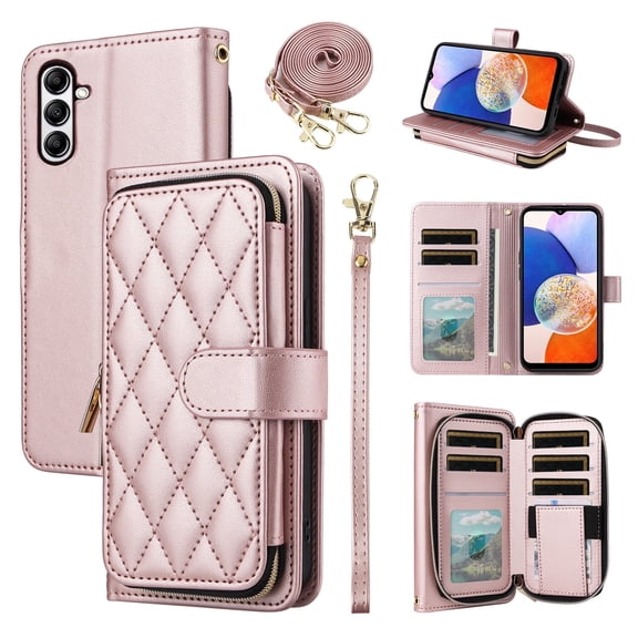 Furiet Argyle Wallet Case for Samsung Galaxy A16 5G/4G with Wrist Strap Shoulder Strap, 9+ Card Slots Zipper Purse Luxury PU Leather Stand Checkered Cell Phone Cover for A 16 Women Girls Rose Gold