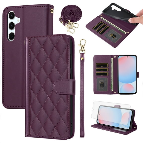 Furiet Argyle Wallet Case for Samsung Galaxy A16/A26 5G with Tempered Glass Screen Protector Wrist/Shoulder Strap, Card Slots Stand Phone Cover for A 16 26 16A 26A 4G SM-A166U Women Men Deep Purple