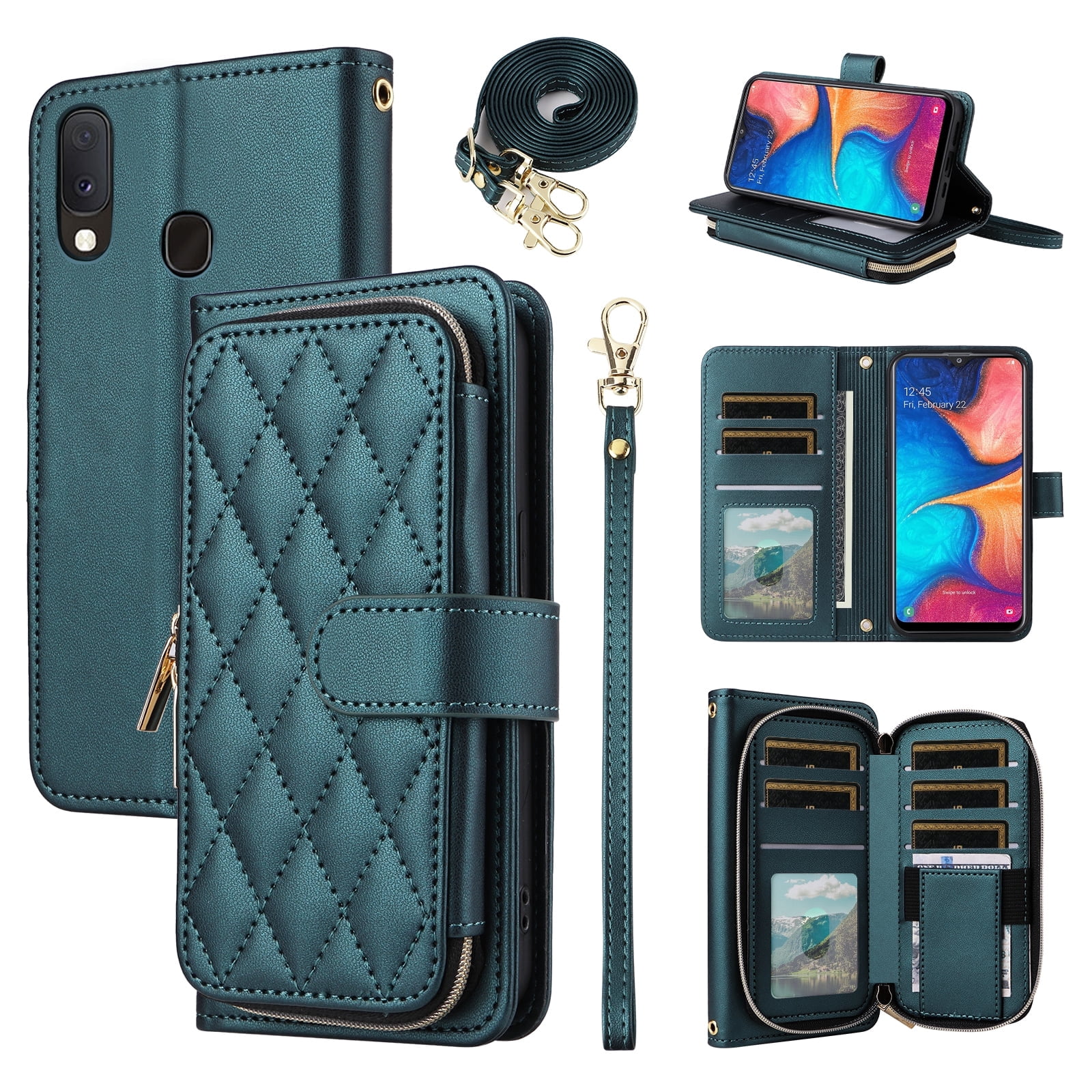 Furiet Argyle Wallet Case for Samsung Galaxy A20 A30 with Wrist/Shoulder Strap, Card Slot Zipper Purse Luxury PU Leather Card Holder Stand Checkered Phone Cover for M10s A 30 20A SM A205G Green