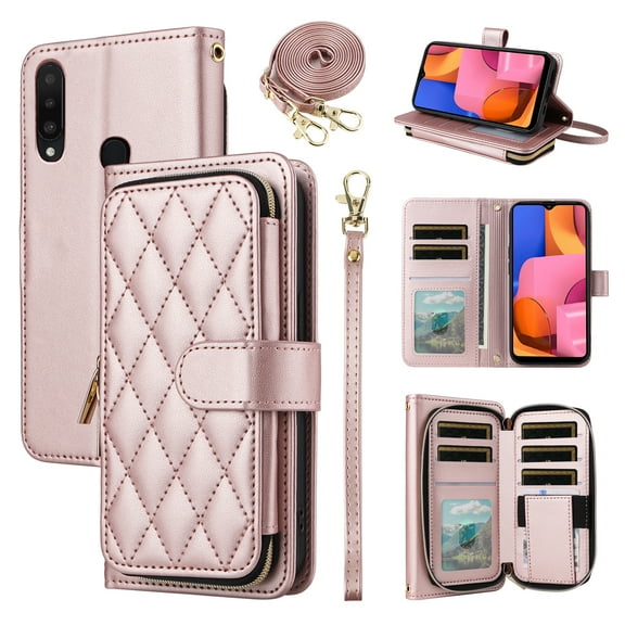 Furiet Argyle Wallet Case for Samsung Galaxy A20s with Wrist/Shoulder Strap, Zipper Purse Luxury PU Leather Card Holder Slots Stand Checkered Phone Cover for A 20s Plus A207M Women Girls Rose Gold