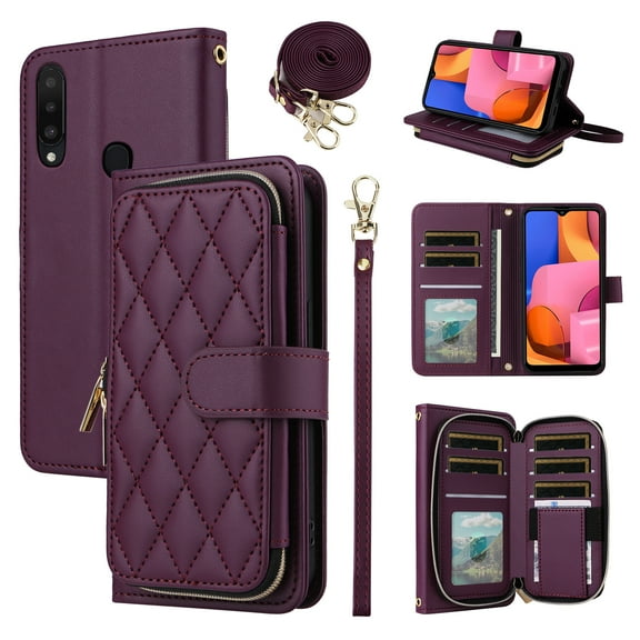 Furiet Argyle Wallet Case for Samsung Galaxy A20s with Wrist/Shoulder Strap, Zipper Purse Luxury PU Leather Card Holder Slots Stand Checkered Phone Cover for A 20s Plus A207M Women Girls Deep Purple