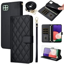 Furiet Argyle Wallet Case for Samsung Galaxy A22 5G with Tempered Glass Screen Protector Wrist Strap Shoulder Strap, Card Slots Luxury PU Leather Stand Phone Cover for A 22 22A A22s G5 Women Black
