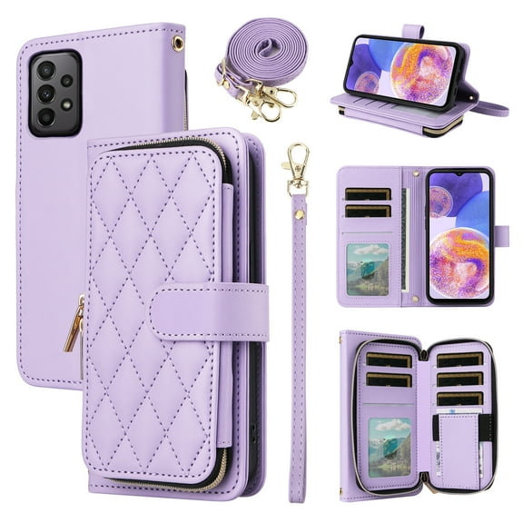 Furiet Argyle Wallet Case for Samsung Galaxy A23 5G/4G with Detachable Wrist/Crossbody Shoulder Strap, Card Slots Zipper Purse, Luxury PU Leather Stand Phone Cover for A 23 23A 6.6 Women Girls Purple