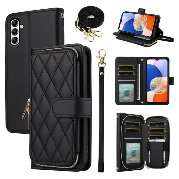 Furiet Argyle Wallet Case for Samsung Galaxy A35 5G with Wrist Strap Shoulder Strap, Card Slots Zipper Purse Luxury PU Leather Stand Checkered Phone Cover for A 35 35A A355G Women Girls Black