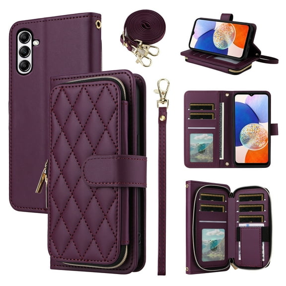 Furiet Argyle Wallet Case for Samsung Galaxy A35 5G with Wrist Strap Shoulder Strap, Card Slots Zipper Purse Luxury PU Leather Stand Checkered Phone Cover for A 35 35A A355G Women Girls Deep Purple