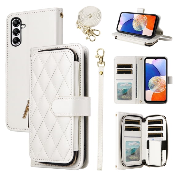 Furiet Argyle Wallet Case for Samsung Galaxy A37 5G/4G with Wrist/Shoulder Strap, Card Slots Zipper Purse Luxury PU Leather Stand Checkered Cell Phone Cover for A 37 37A Women Girls White