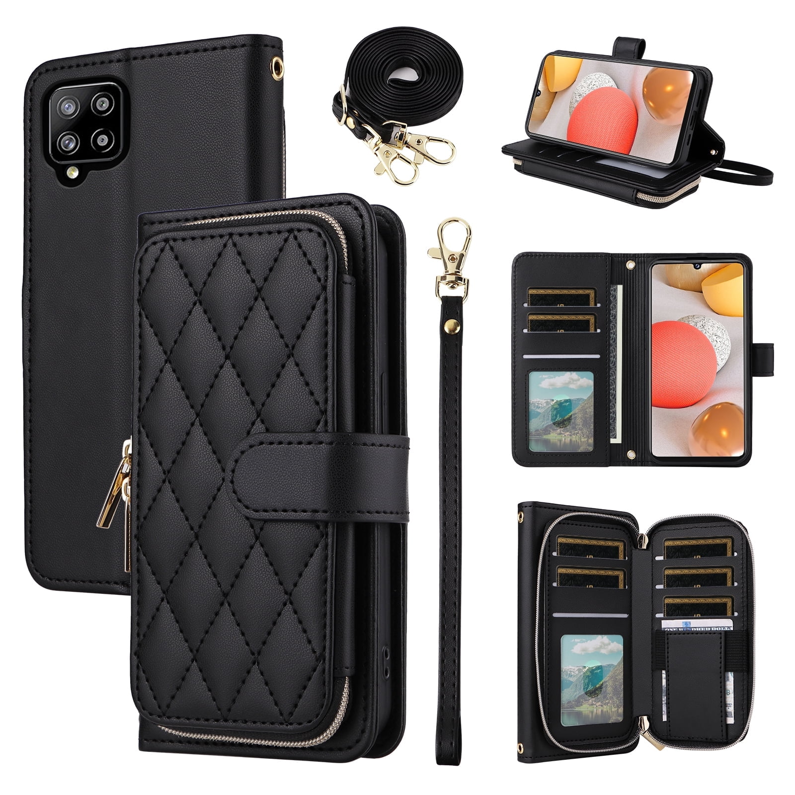 Furiet Argyle Wallet Case for Samsung Galaxy A42 5G with Wrist/Shoulder Strap Card Slot Zipper Purse Luxury PU Leather Card Holder Stand Checkered Phone Cover for A 42 G5 42A S42 4G 2021 Black