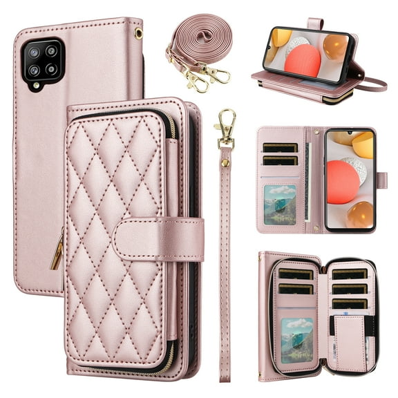 Furiet Argyle Wallet Case for Samsung Galaxy A42 5G with Wrist/Shoulder Strap Card Slot Zipper Purse Luxury PU Leather Card Holder Stand Checkered Phone Cover for A 42 G5 42A S42 4G 2021 Rose Gold