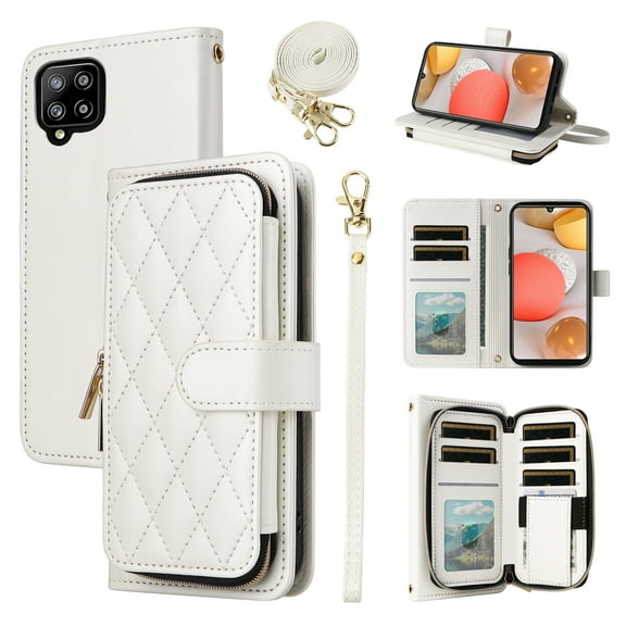Furiet Argyle Wallet Case for Samsung Galaxy A42 5G with Wrist/Shoulder Strap Card Slot Zipper Purse Luxury PU Leather Card Holder Stand Checkered Phone Cover for A 42 G5 42A S42 4G 2021 White