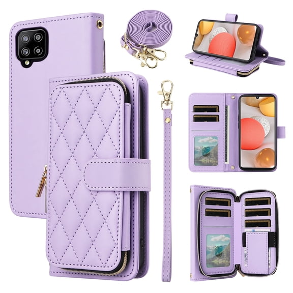 Furiet Argyle Wallet Case for Samsung Galaxy A42 5G with Wrist/Shoulder Strap Card Slot Zipper Purse Luxury PU Leather Card Holder Stand Checkered Phone Cover for A 42 G5 42A S42 4G 2021 Purple