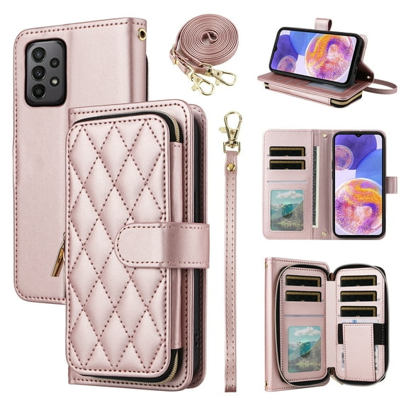 Furiet Argyle Wallet Case for Samsung Galaxy A52/A52S 5G with Wrist/Shoulder Strap, Card Slots Zipper Purse Luxury PU Leather Stand Phone Cover for A 52 S 4G G5 52A S52 52S Women Girls Rose Gold