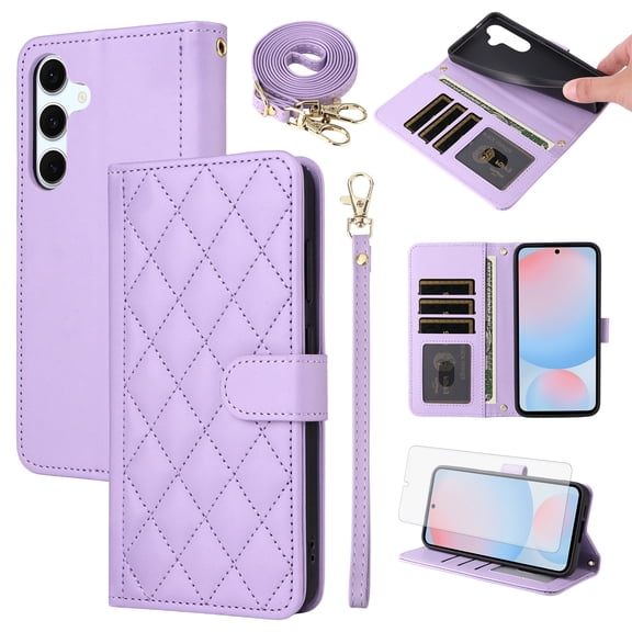 Furiet Argyle Wallet Case for Samsung Galaxy A54 5G with Tempered Glass Screen Protector Wrist Strap Shoulder Strap, Card Slots Stand Phone Cover for A545G A 54 54A 4G G5 SM A546U Women Men Purple