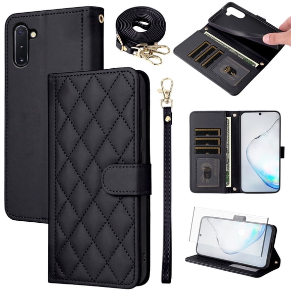 Furiet Argyle Wallet Case for Samsung Galaxy Note 10 5G with Tempered Glass Screen Protector Wrist Strap Shoulder Strap, Card Slot PU Leather Stand Phone Cover for Note10 Notes 10s Ten Not S10 Black